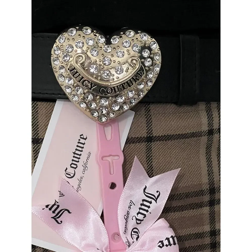 Juicy Couture Black Belt Gold Heart Buckle L/XL NWT Bling Y2K Style Rhinestones